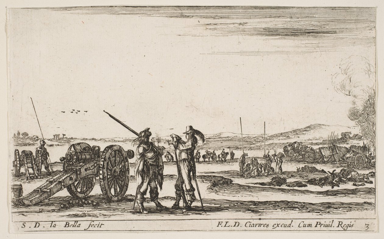 Plade 3: En officer giver ordre til en soldat i midten af forgrunden, kanon til venstre, af..., ca. 1641. af Stefano della Bella