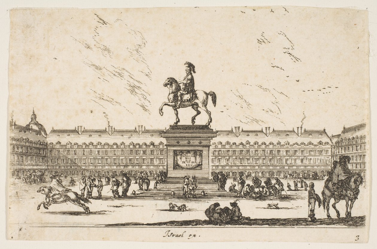 Plade 3: La Place Royale, rytterstatue af Louis XIII i profil mod venstre i ce..., 1642. af Stefano della Bella