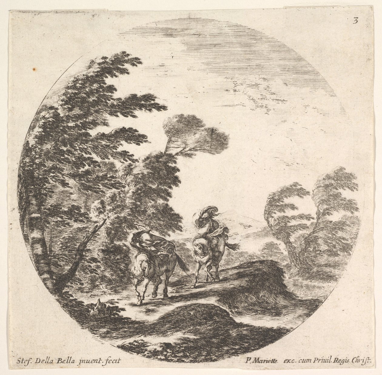 Plade 3: kuling i skoven, to ryttere svøbt i deres kapper, vinden er bl..., ca. 1643-48. af Stefano della Bella