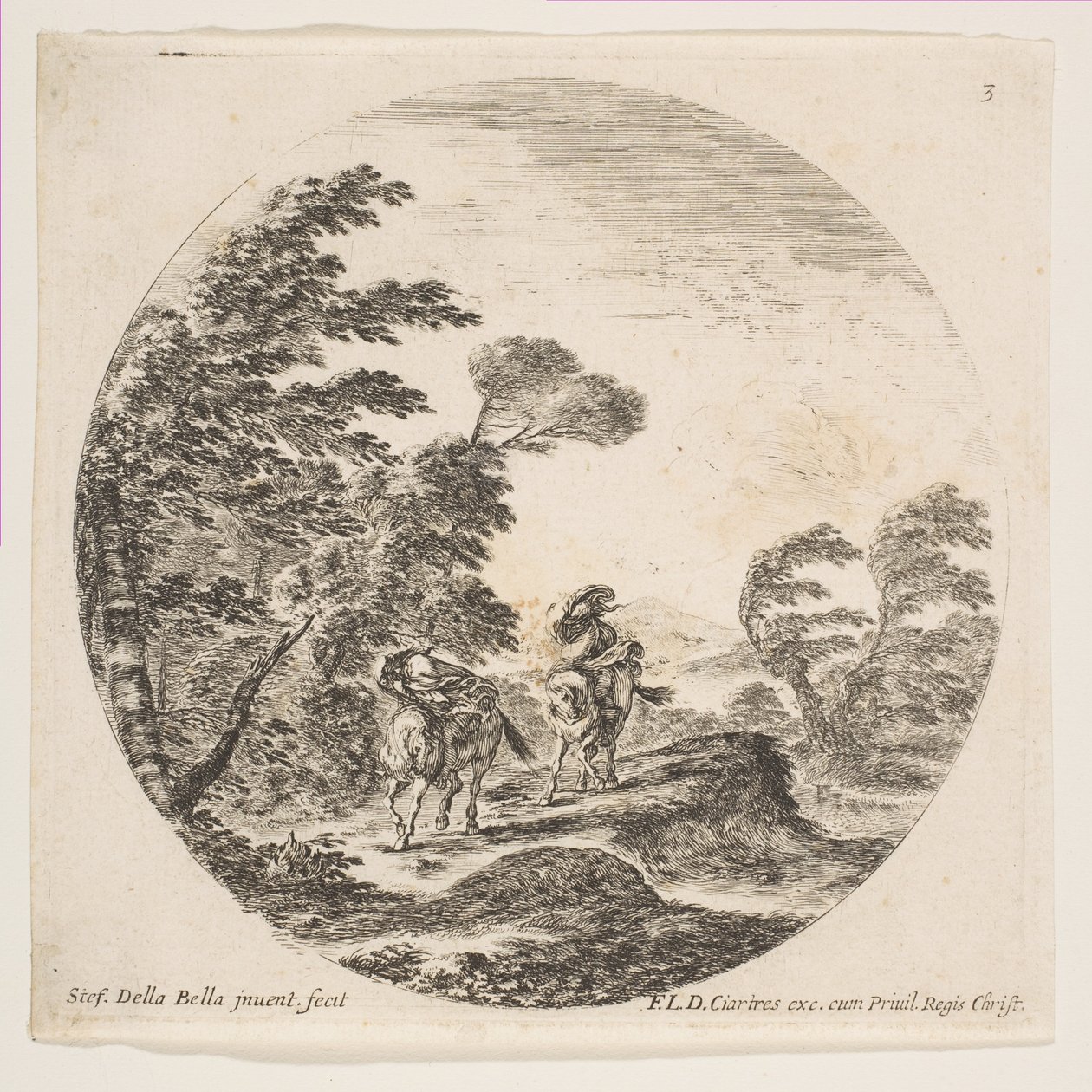 Plade 3: kuling i skoven, to ryttere svøbt i deres kapper, med vinden blæser..., ca. 1646. af Stefano della Bella