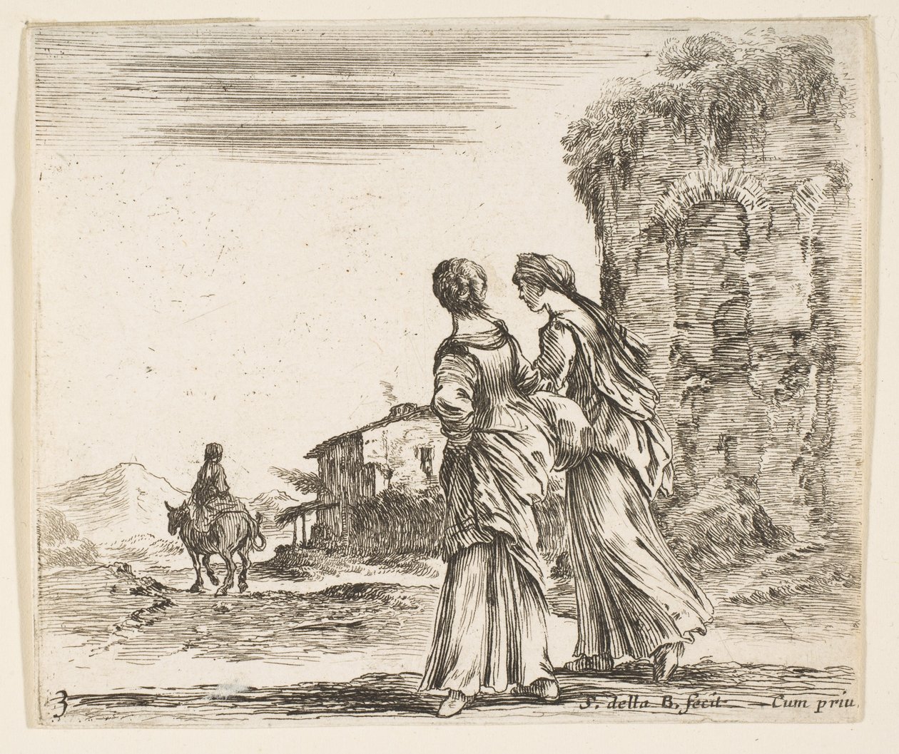 Plade 3: to piger, der går mod venstre, set bagfra, en kvinde på en hest t..., ca. 1644-47. af Stefano della Bella