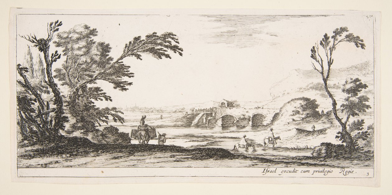 Plade 3: to ryttere krydser en flod til højre, en kvinde med to kurve oven på et æsel..., ca. 1641. af Stefano della Bella