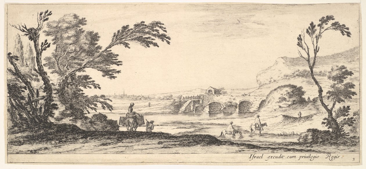 Plade 3: to ryttere krydser en flod til højre, en kvinde med to kurve oven på et æsel..., ca. 1641. af Stefano della Bella