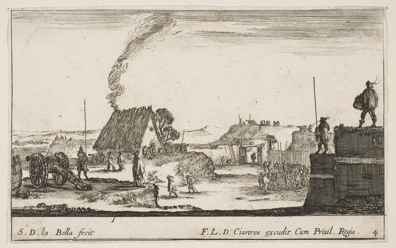 Plade 4: En militærlejr med en soldat stående på en brystning til højre for..., ca. 1641. af Stefano della Bella