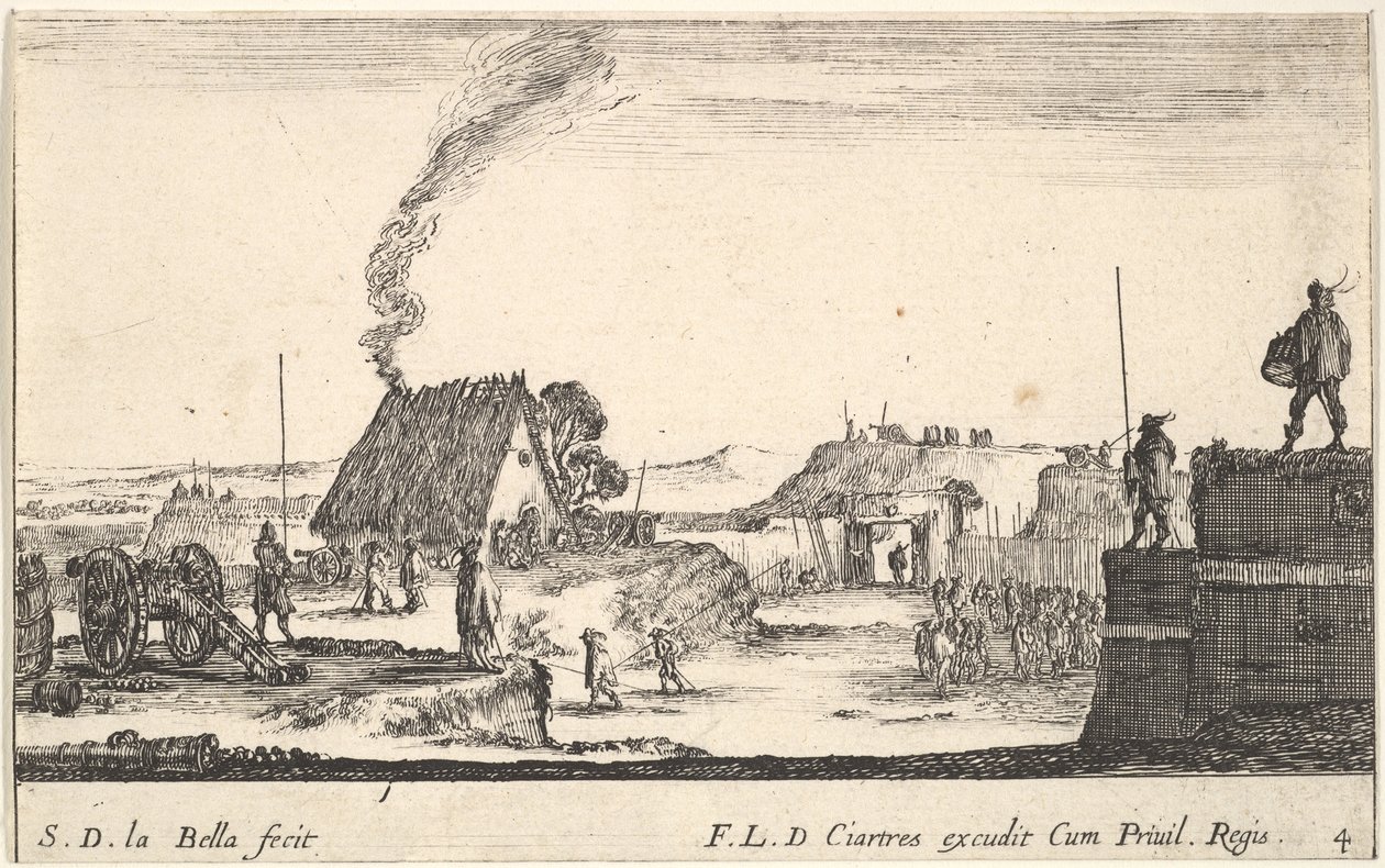 Plade 4: En militærlejr med en soldat stående på en brystning til højre for..., ca. 1641. af Stefano della Bella