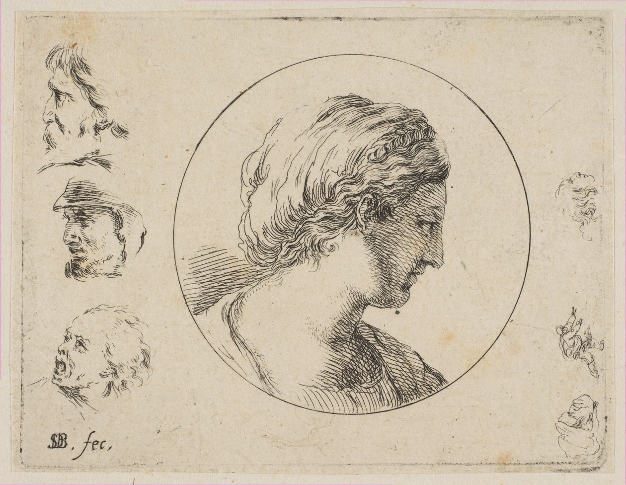 Plade 4: Head of a Woman in Profile, fra Anden samling af forskellige doodles og et..., ca. 1646. af Stefano della Bella