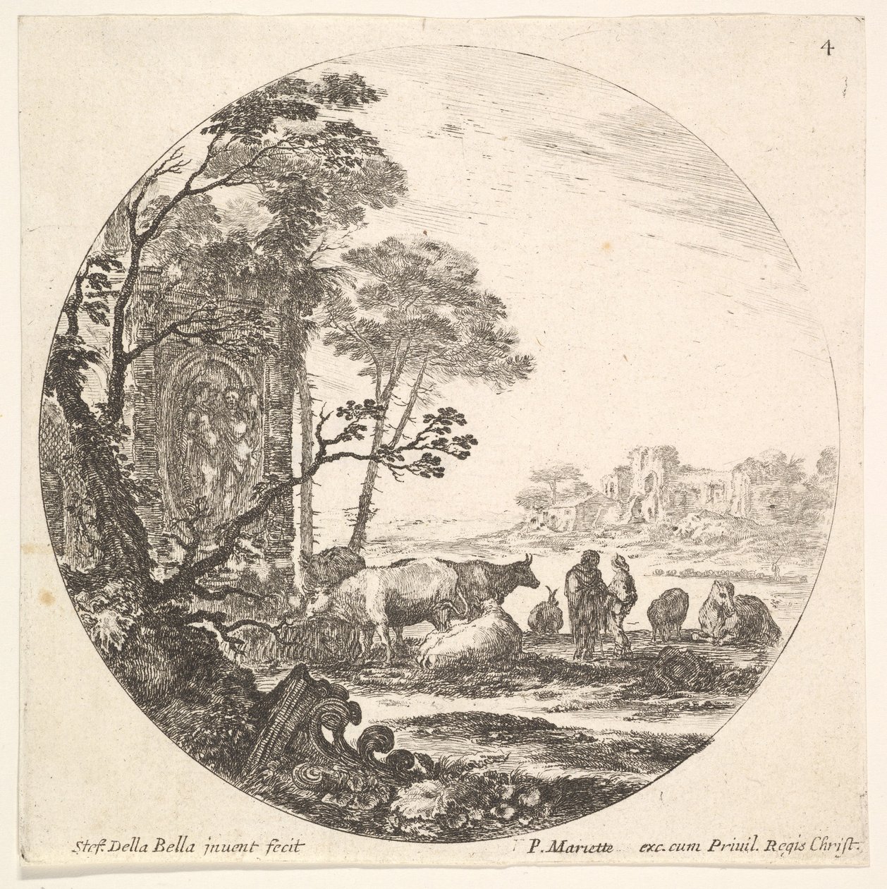 Plade 4: en korintisk hovedstad på jorden til venstre i forgrunden, et monument med..., ca. 1643-48. af Stefano della Bella