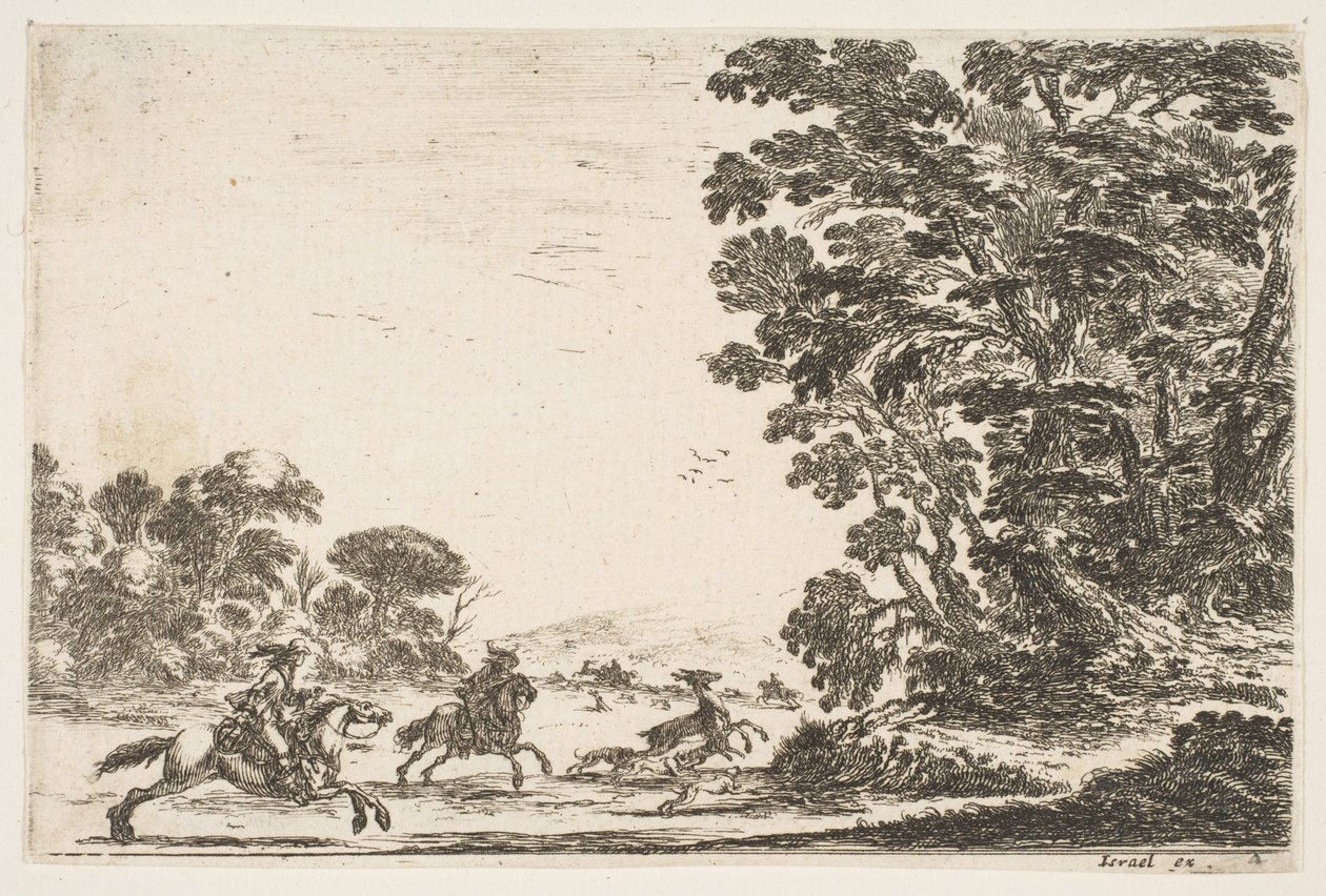 Plade 4: en hjortejagt, to ryttere galopperende mod venstre bagved tre hunde og en hjort..., 1642. af Stefano della Bella