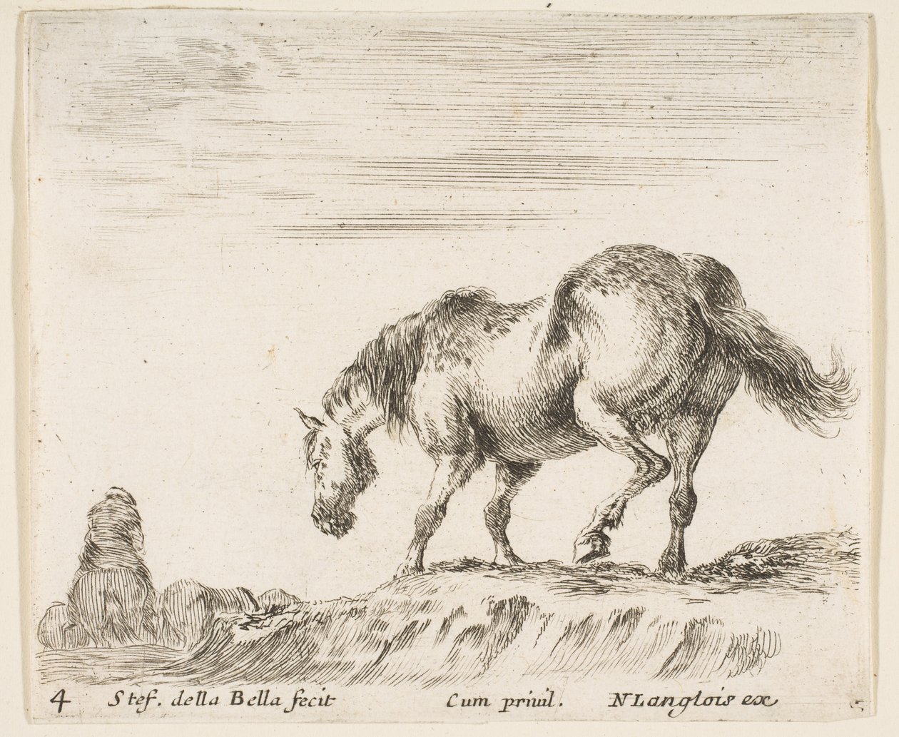 Plade 4: en hest i profil vendt mod venstre, ved at stige ned fra en høj, en hest..., ca. 1644-47. af Stefano della Bella