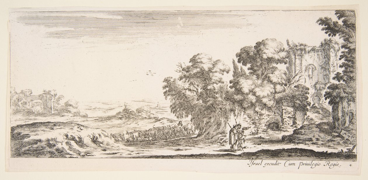 Plade 4: to pilgrimme observerer ruiner til højre, den ene peger mod højre, en får..., ca. 1641. af Stefano della Bella