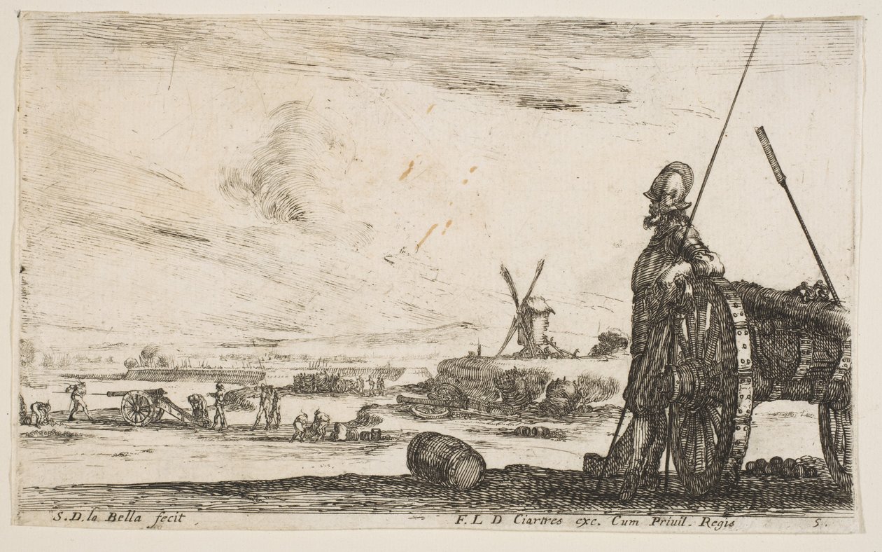 Plade 5: En Pikeman stående lige ved siden af en kanon, andre militære figurer..., ca. 1641. af Stefano della Bella