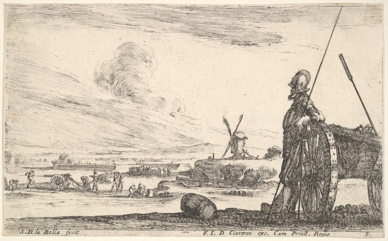 Plade 5: En Pikeman stående lige ved siden af en kanon, andre militærfigurer i ba..., ca. 1641. af Stefano della Bella