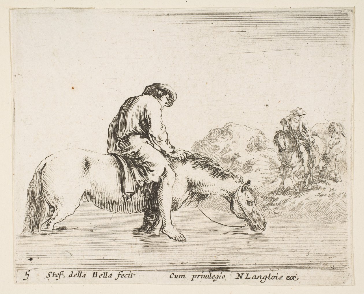 Tavle 5: en barfodet bonde på hesteryg krydser en flod, en anden bonde på hest..., ca. 1644-47. af Stefano della Bella