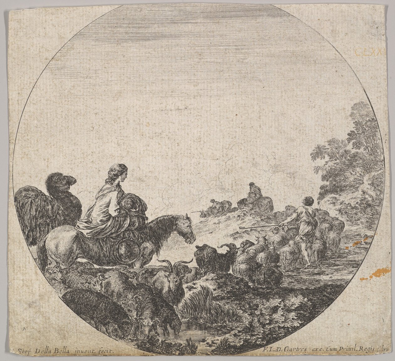 Plade 5: en kvinde, der bærer et barn på en hest til venstre, en kamel efter hende, en flok..., ca. 1643-48. af Stefano della Bella