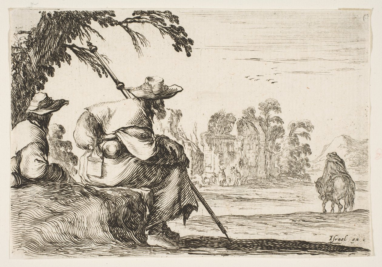 Tavle 5: to pilgrimme med hatte hviler til venstre, set bagfra, en rytter rider mod krig..., 1642. af Stefano della Bella