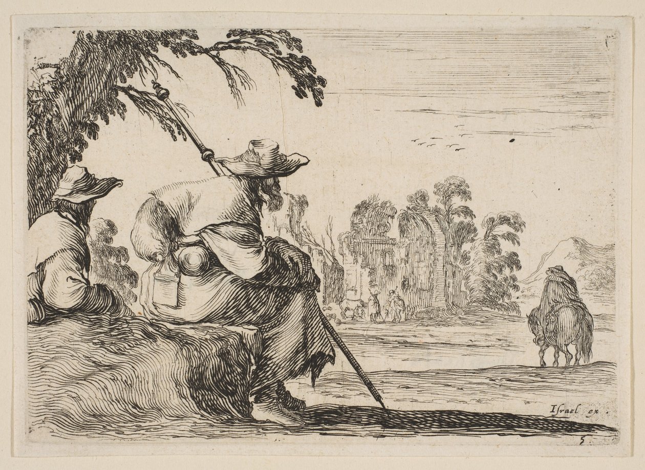Tavle 5: to pilgrimme med hatte hviler til venstre, set bagfra, en rytter rider mod krig..., 1642. af Stefano della Bella