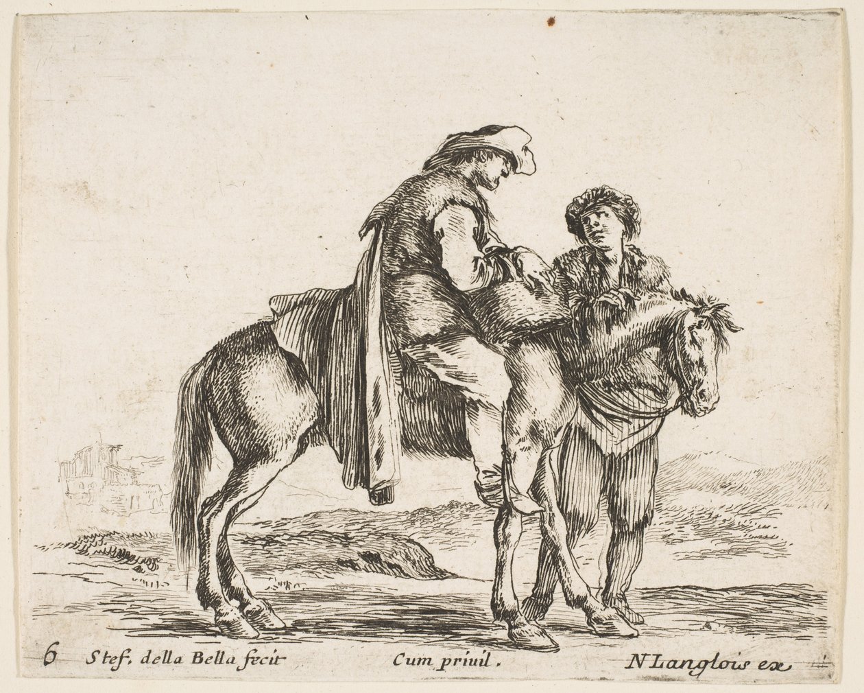 Tavle 6: en bonde til hest i profil vendt mod højre, med en kurv og t..., ca. 1644-47. af Stefano della Bella
