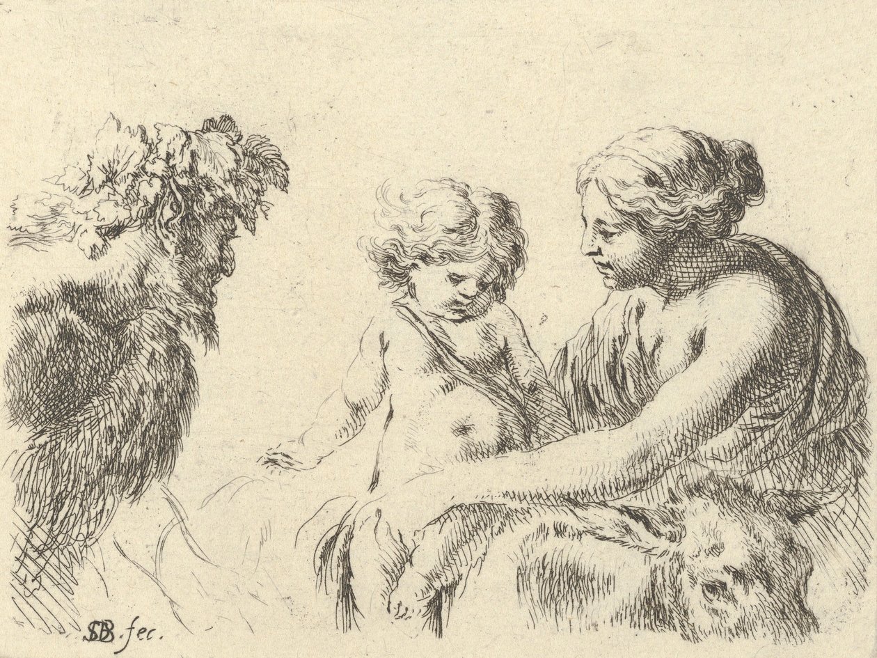 Plade 6: en kvinde til højre, der holder sit barn, som sidder oven på et æsel, en satyr ved l..., ca. 1646. af Stefano della Bella