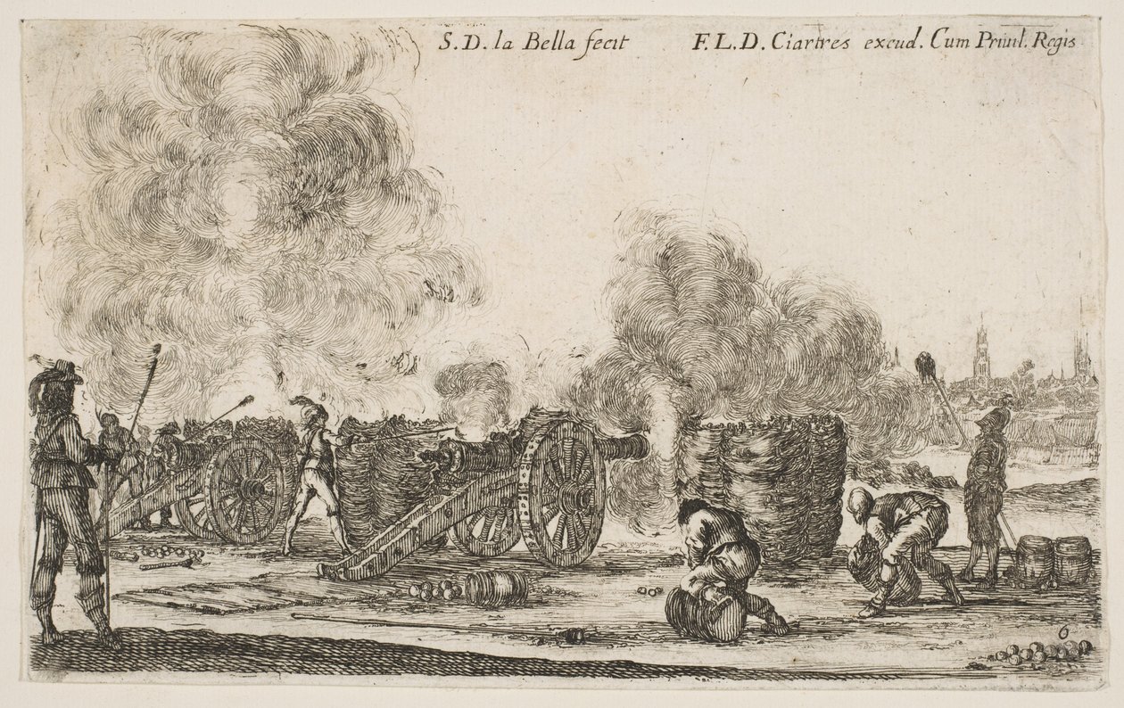 Plade 6: batteri af kanoner, der skyder mod en by, fra Various Military Caprices Varii ..., ca. 1641. af Stefano della Bella