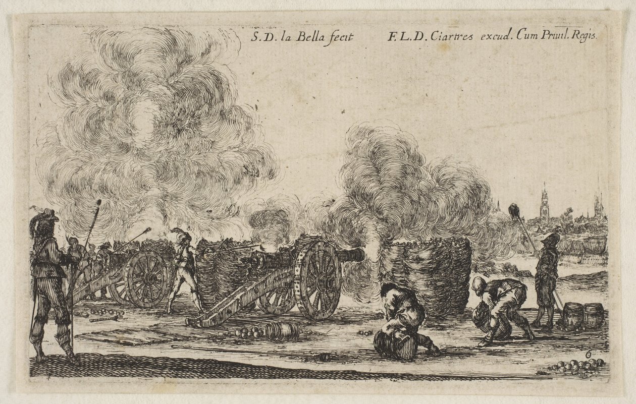 Plade 6: batteri af kanoner, der skyder mod en by, fra Various Military Caprices Varii ..., ca. 1641. af Stefano della Bella