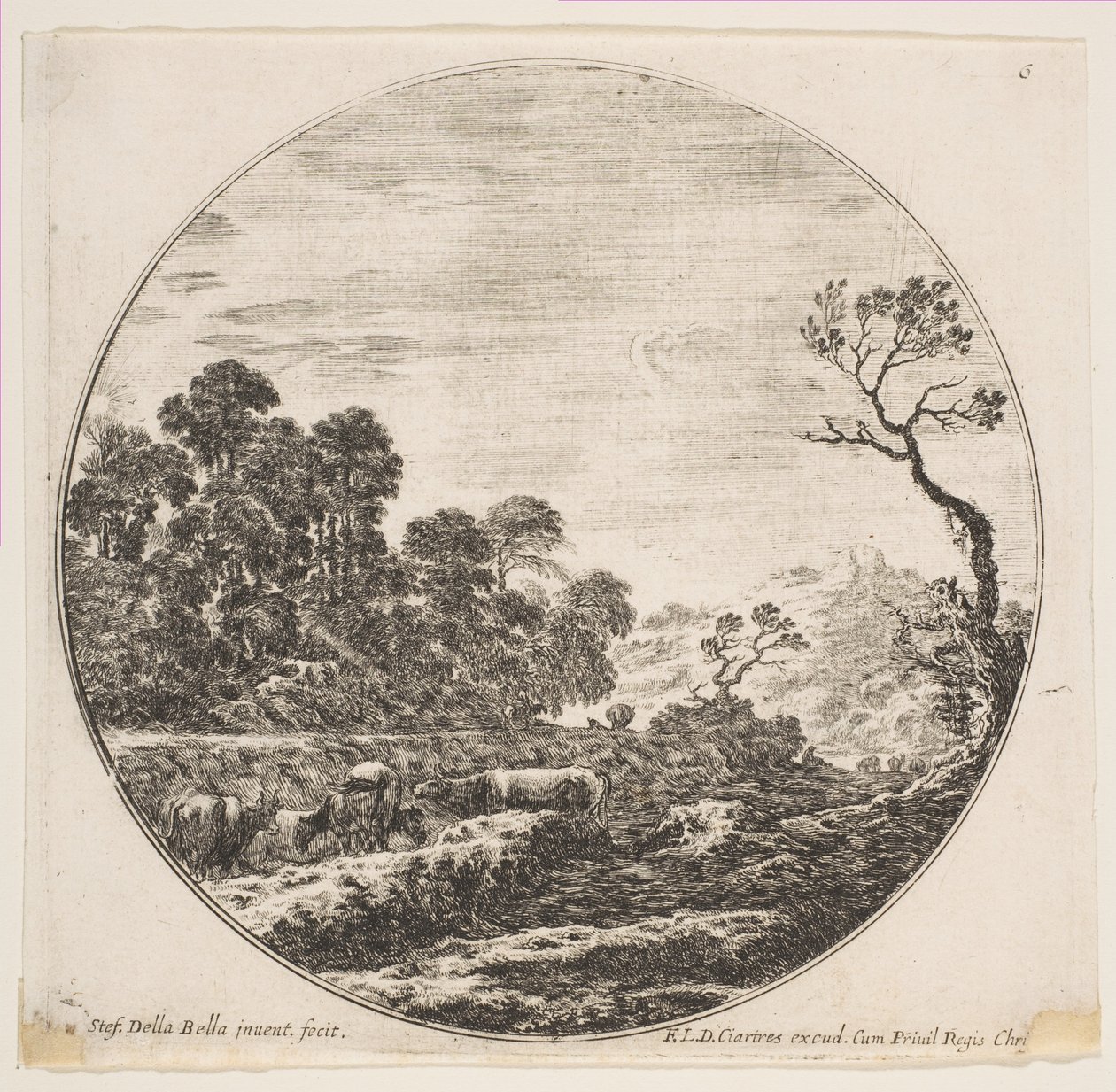 Plade 6: køer krydser en dal til venstre, en rytter og andre køer i baggrunden..., ca. 1646. af Stefano della Bella