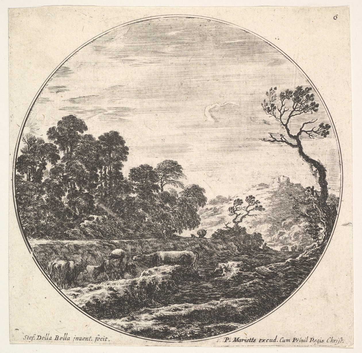 Plade 6: køer krydser en dal til venstre, en gruppe træer til venstre, en rytter og o..., ca. 1643-48. af Stefano della Bella