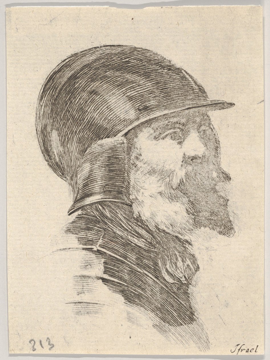 Plade 6: hovedet af en gammel skægget soldat med hjelm vendt mod højre, fra Various heads..., 1650. af Stefano della Bella