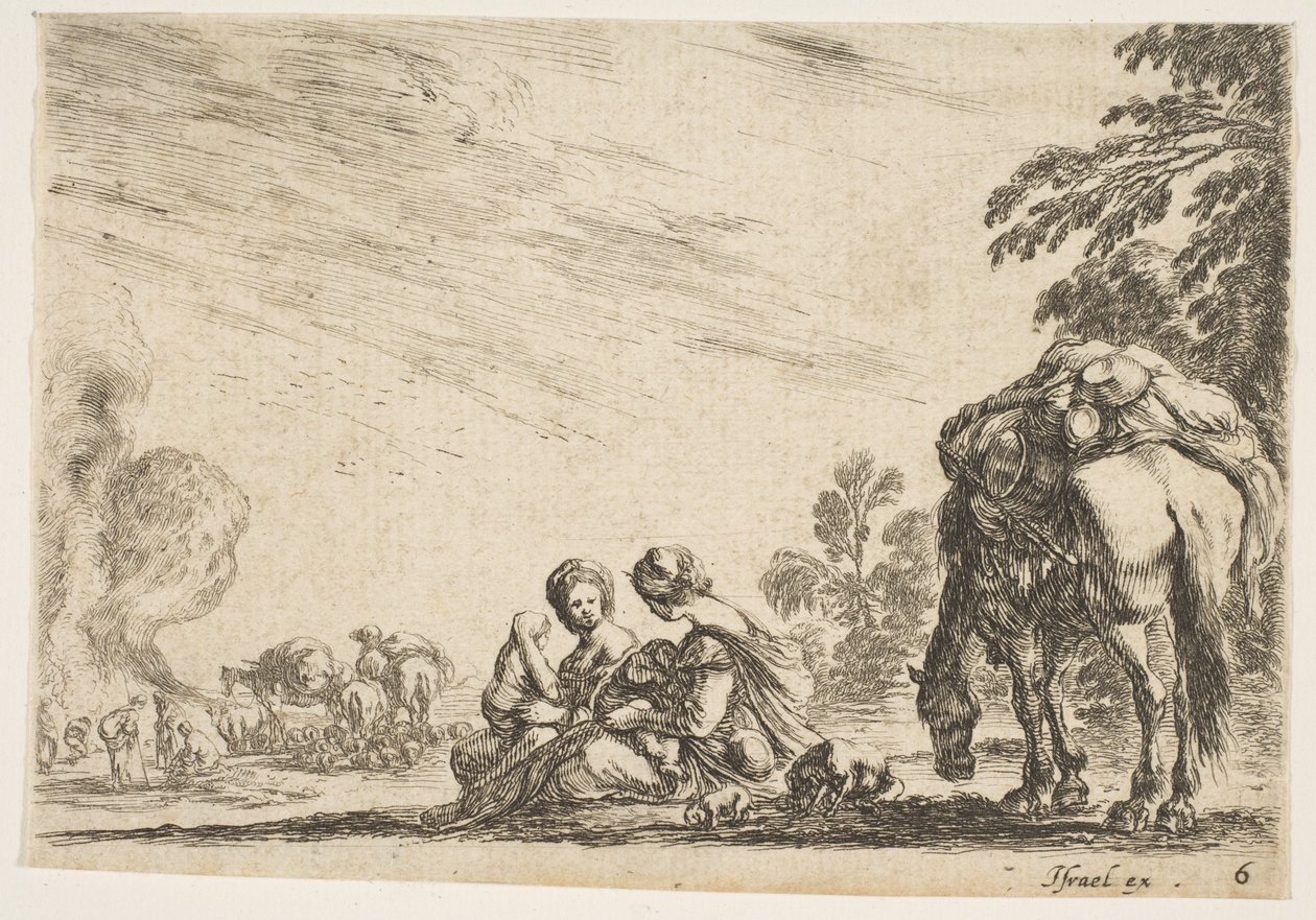 Plade 6: to kvinder, den ene ammer et barn, siddende ved siden af en hund og en hest med en flok..., 1642. af Stefano della Bella