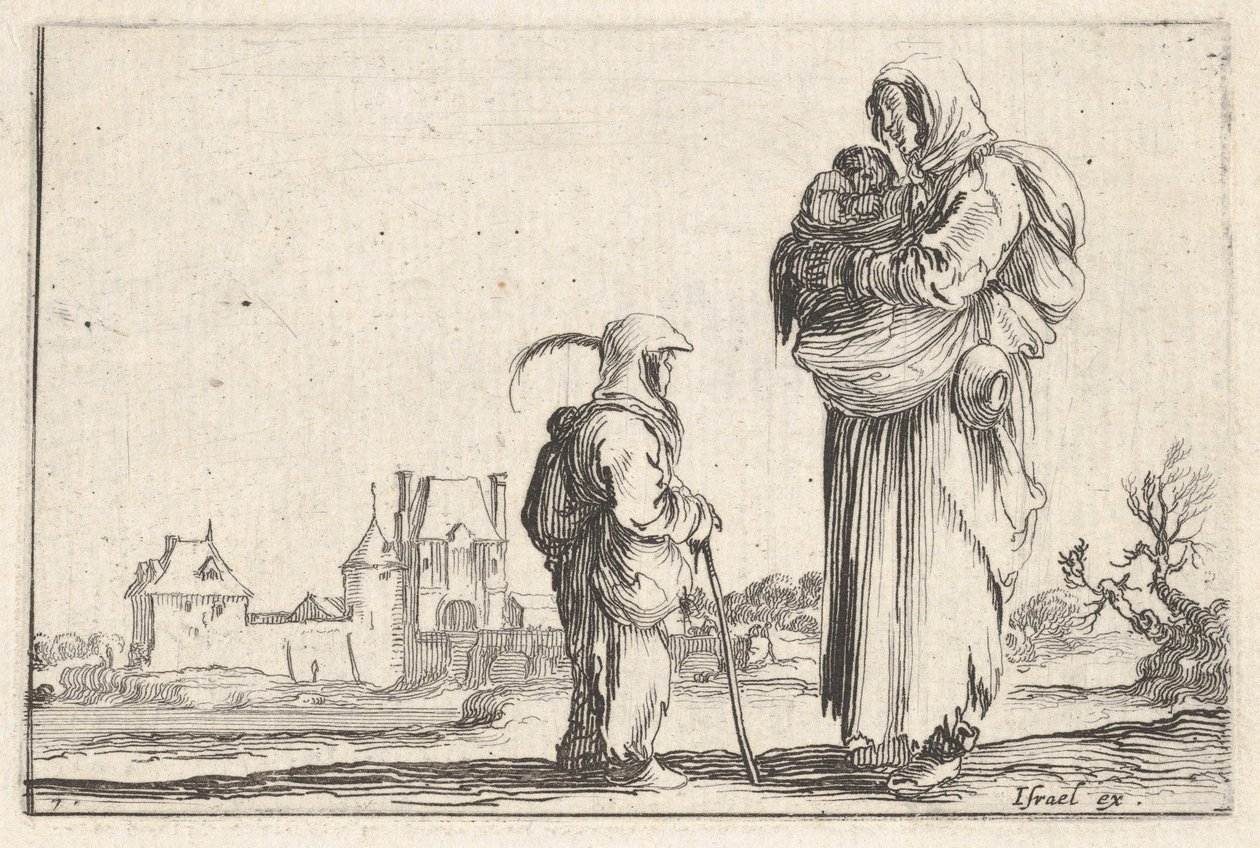 Plade 7: en bondekone, der bærer et barn til højre, taler til et andet barn, der står..., ca. 1642. af Stefano della Bella
