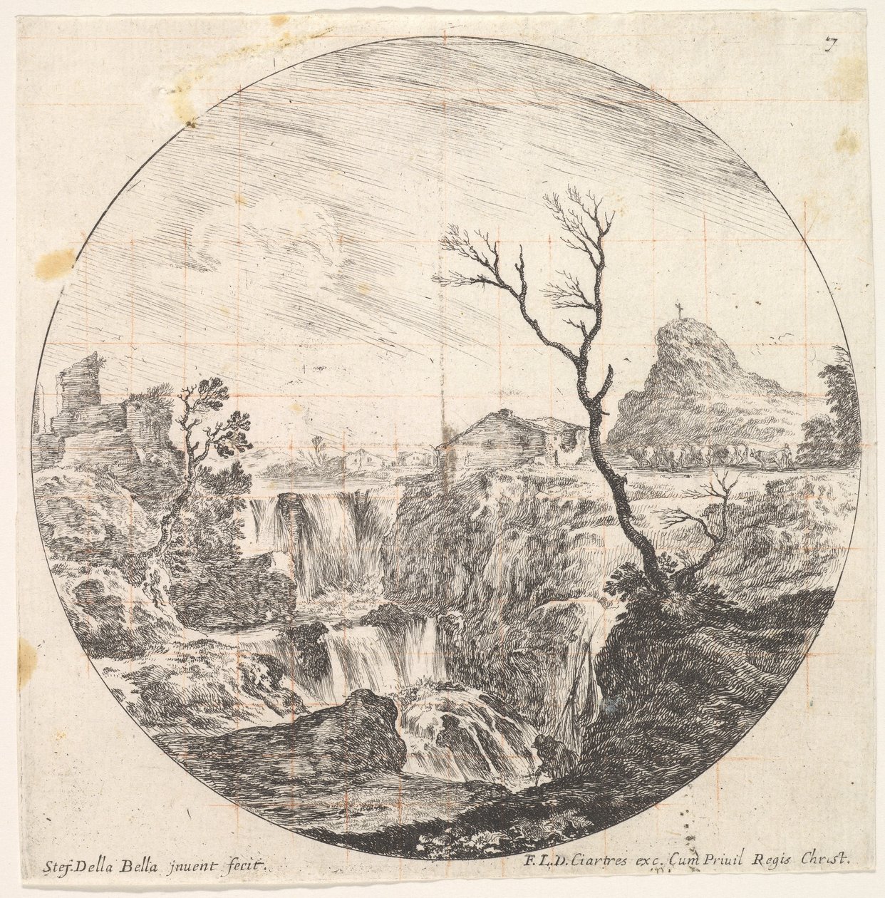 Plade 7: et tredobbelt vandfald, et dødt træ til højre, et bjerg og en flok køer til..., ca. 1643-48. af Stefano della Bella