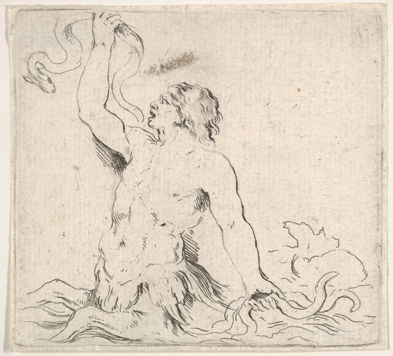 Plade 7: en triton i vandet, vender mod venstre, holder en ål op i højre hånd og t..., ca. 1646. af Stefano della Bella