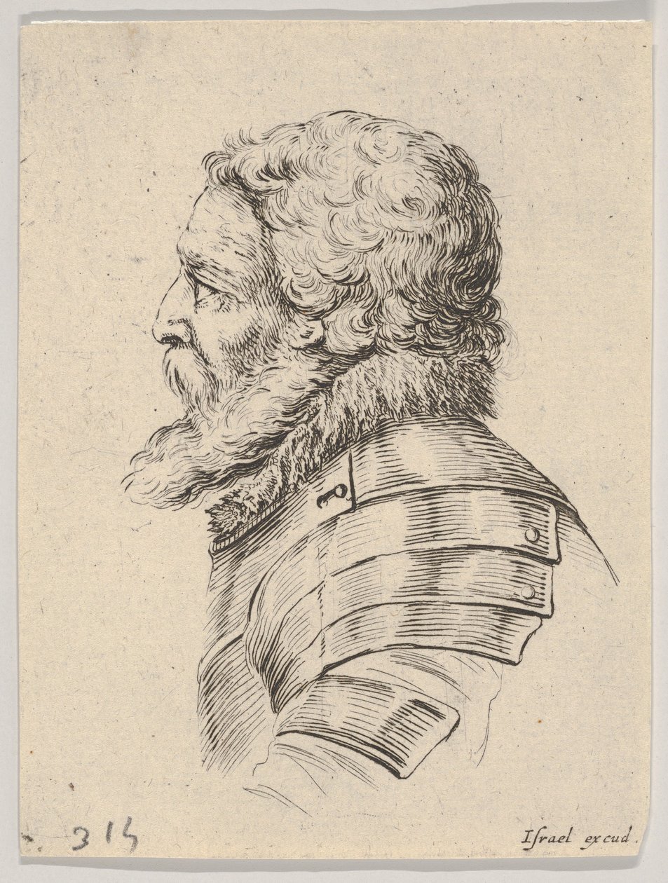 Plade 7: buste af en skægget soldat iført rustning, vendt mod venstre i profil, fra Various he..., 1650. af Stefano della Bella