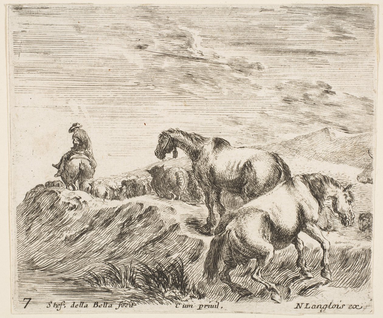 Plade 7: to heste, der stiger op ad bredden af en flod til højre, følger en procession ..., ca. 1644-47. af Stefano della Bella