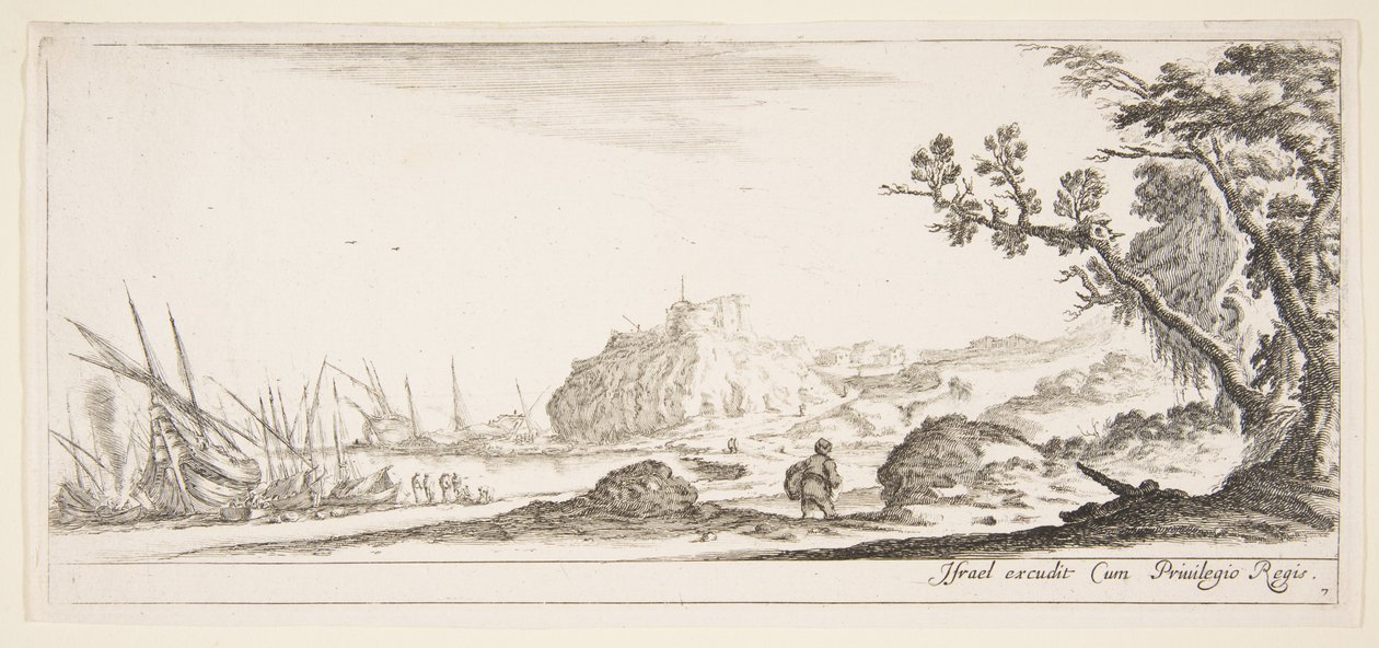 Plade 7: forskellige både på land til venstre, en mand med en taske, set bagfra og..., ca. 1641. af Stefano della Bella