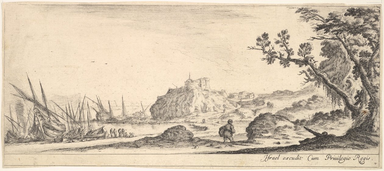 Plade 7: forskellige både på land til venstre, en mand med en taske, set bagfra og..., ca. 1641. af Stefano della Bella