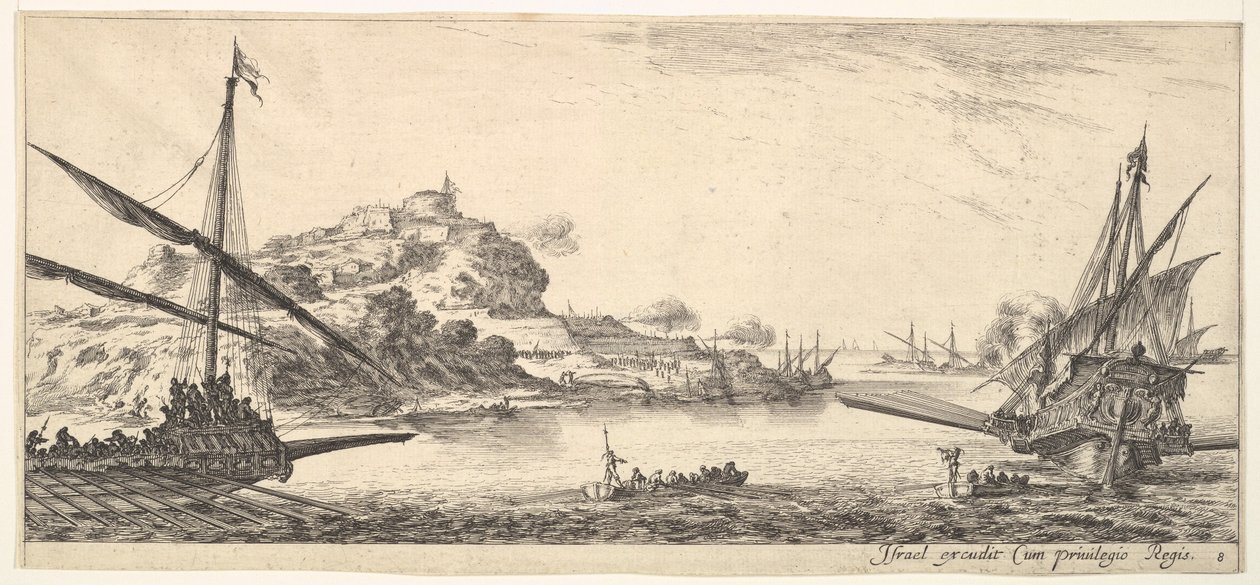 Plade 8: En stævn af en kabys til venstre og en anden kabys til højre, set bagfra..., ca. 1641. af Stefano della Bella