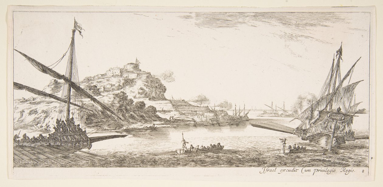 Plade 8: En stævn af en kabys til venstre og en anden kabys til højre, set bagfra..., ca. 1641. af Stefano della Bella