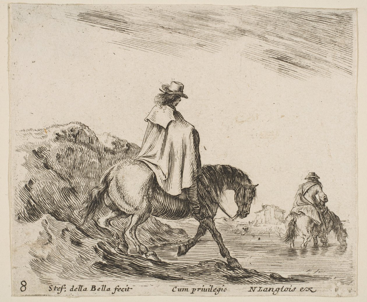 Plade 8: en rytter går ned ad en flodbred, en anden rytter i floden til højre, fra ..., ca. 1644-47. af Stefano della Bella
