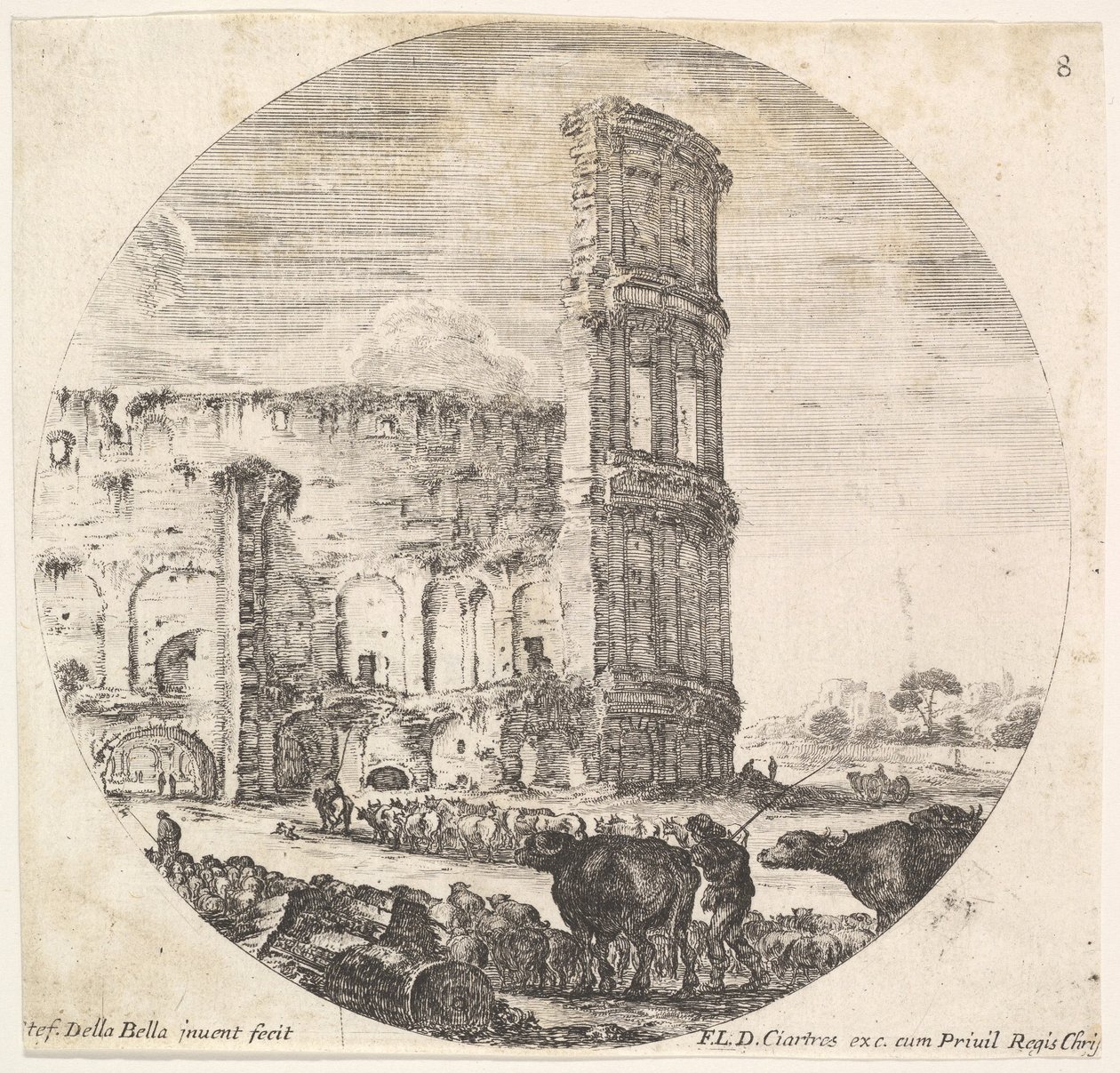 Plade 8: Colosseum, to flokke bliver rettet mod amfiteatret i fo..., ca. 1643-48. af Stefano della Bella