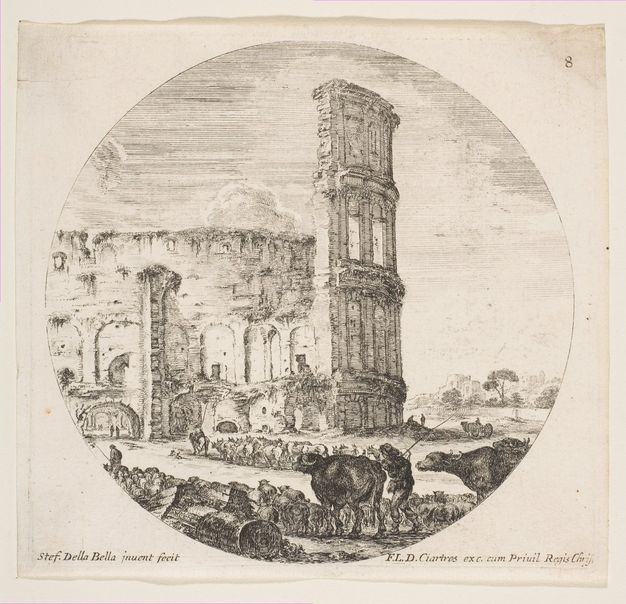 Plade 8: Colosseum, to flokke bliver rettet mod amfiteatret i foreg..., ca. 1646. af Stefano della Bella