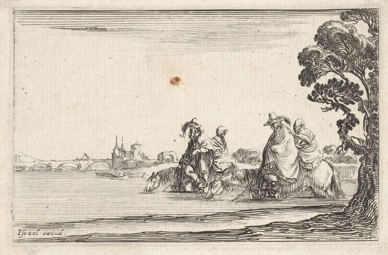Plade 8: to ryttere i hatte til højre, hver med en kvinde siddende bag sig, ridende t..., ca. 1642. af Stefano della Bella