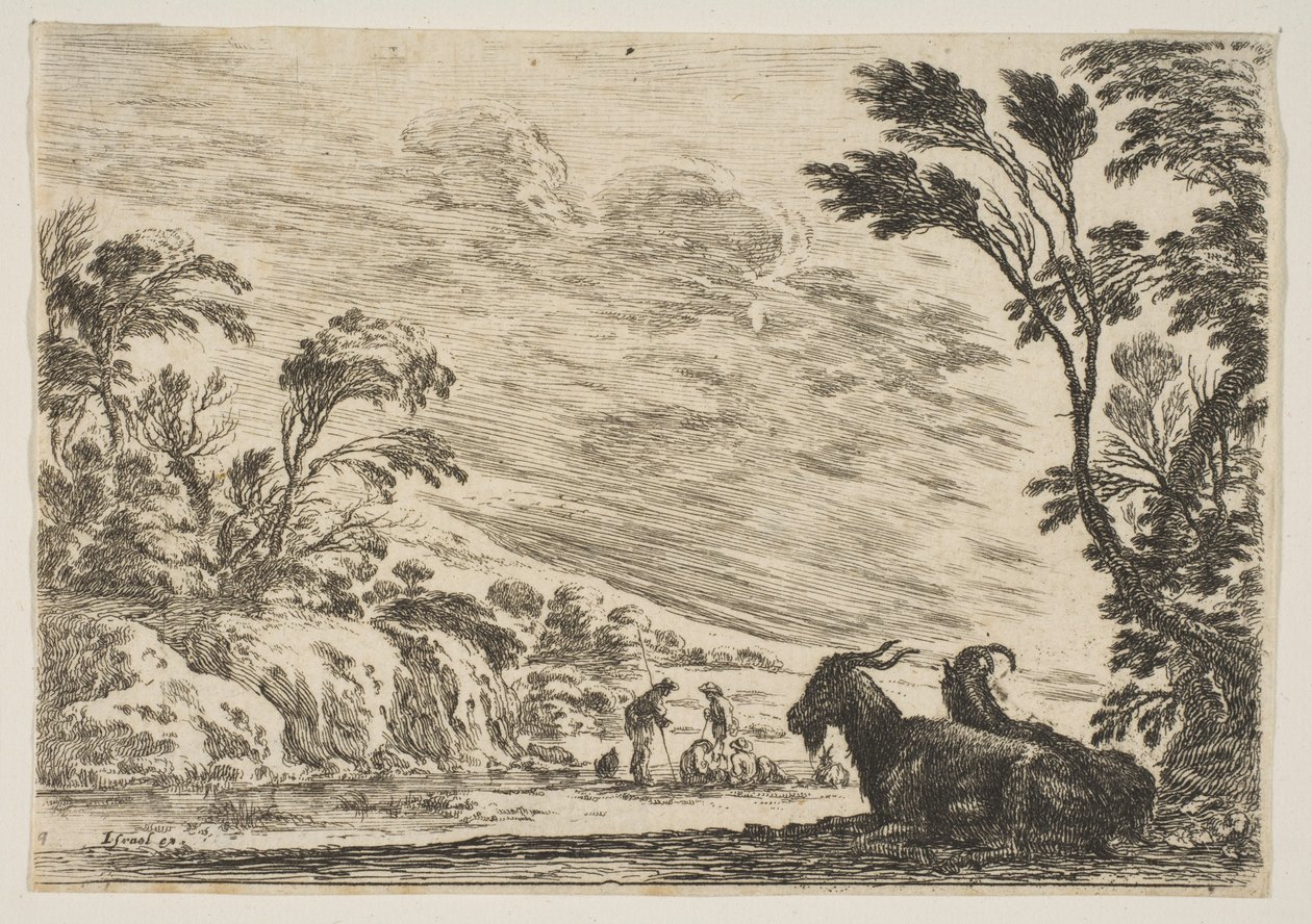 Tavle 9: To geder hviler til højre, vendt mod venstre, fire mænd og en hest i et ri..., 1642. af Stefano della Bella