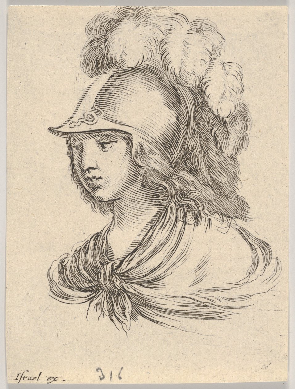 Plade 9: buste af Minerva, iført hjelm med fjer, kigget mod venstre, fra ..., 1650. af Stefano della Bella