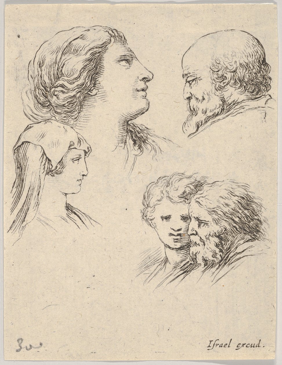 Plade 9: fem hoveder, to unge kvinder til venstre, en skægget mand øverst til højre, en ung kvinde..., ca. 1649. af Stefano della Bella