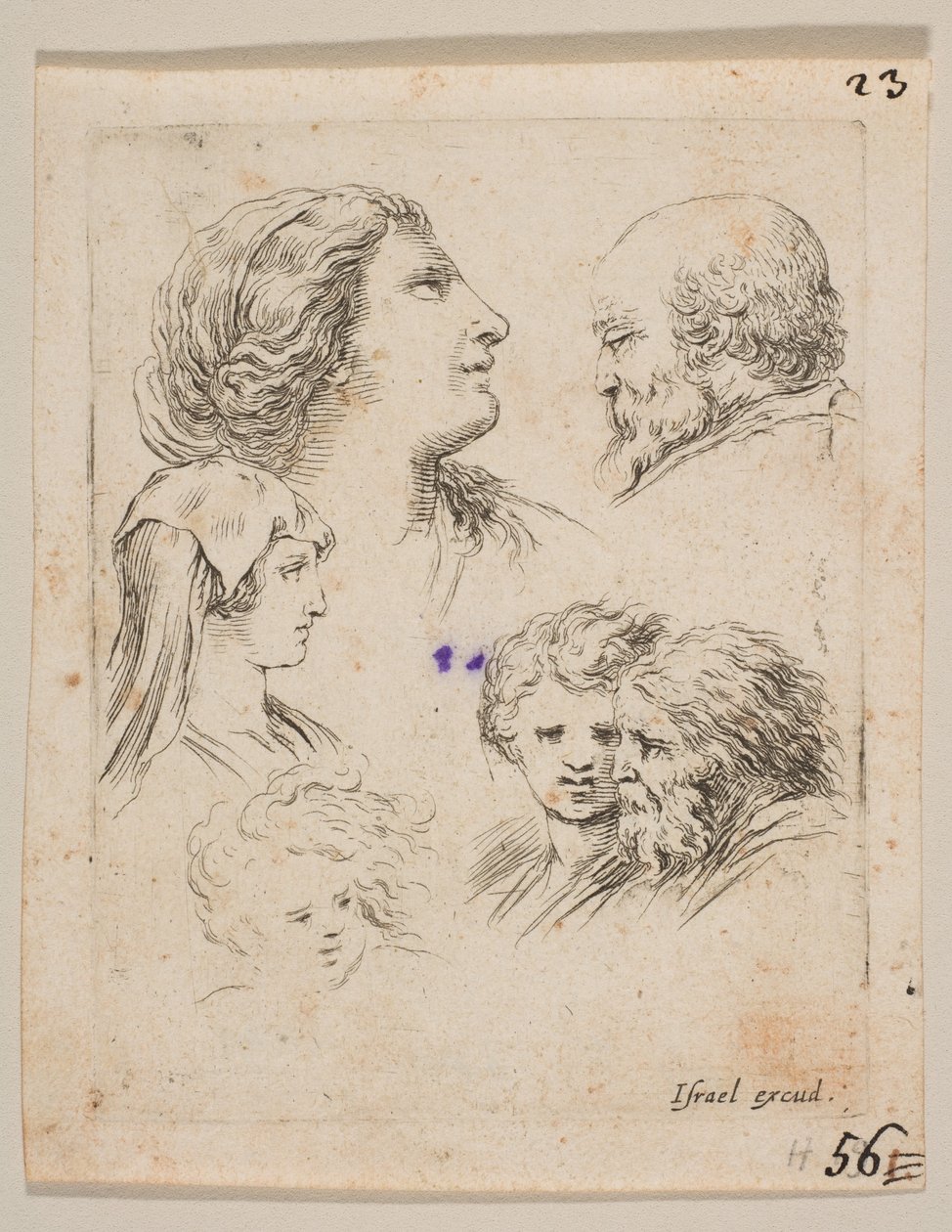 Plade 9: fem hoveder, to unge kvinder til venstre, en skægget mand øverst til højre, en ung kvinde..., ca. 1649. af Stefano della Bella