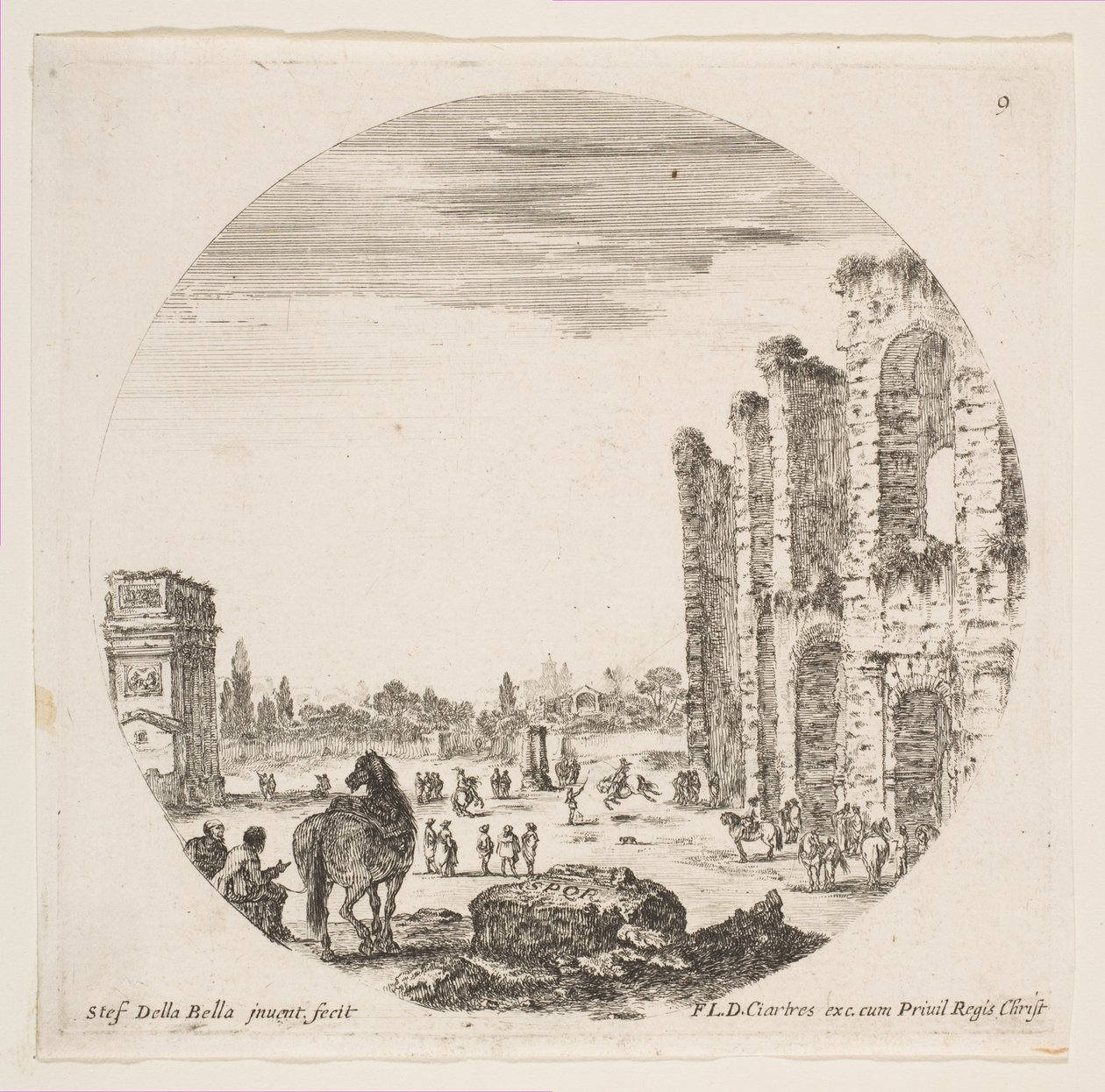 Plade 9: Konstantinbuen til venstre, en del af Colosseum til højre, forskellige hors..., ca. 1646. af Stefano della Bella