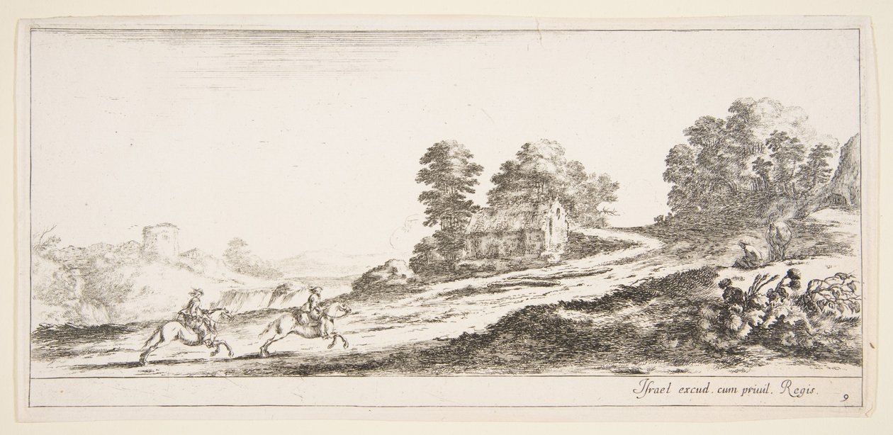 Plade 9: to ryttere til venstre galopperende op ad bakke mod højre, en hest og siddende m..., ca. 1641. af Stefano della Bella
