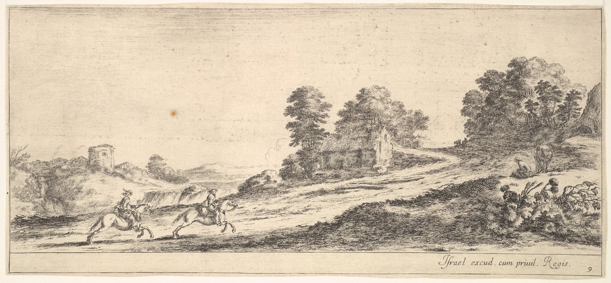 Plade 9: to ryttere til venstre galopperende op ad bakke mod højre, en hest og siddende m..., ca. 1641. af Stefano della Bella