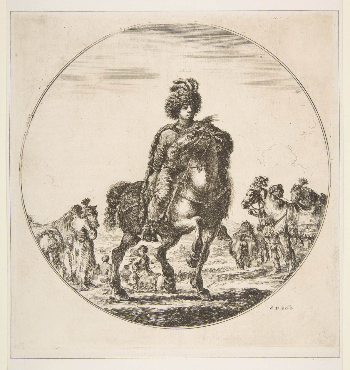 Polsk rytter mod højre, en cirkulær komposition, fra Figures on Horseback Cav..., ca. 1651. af Stefano della Bella