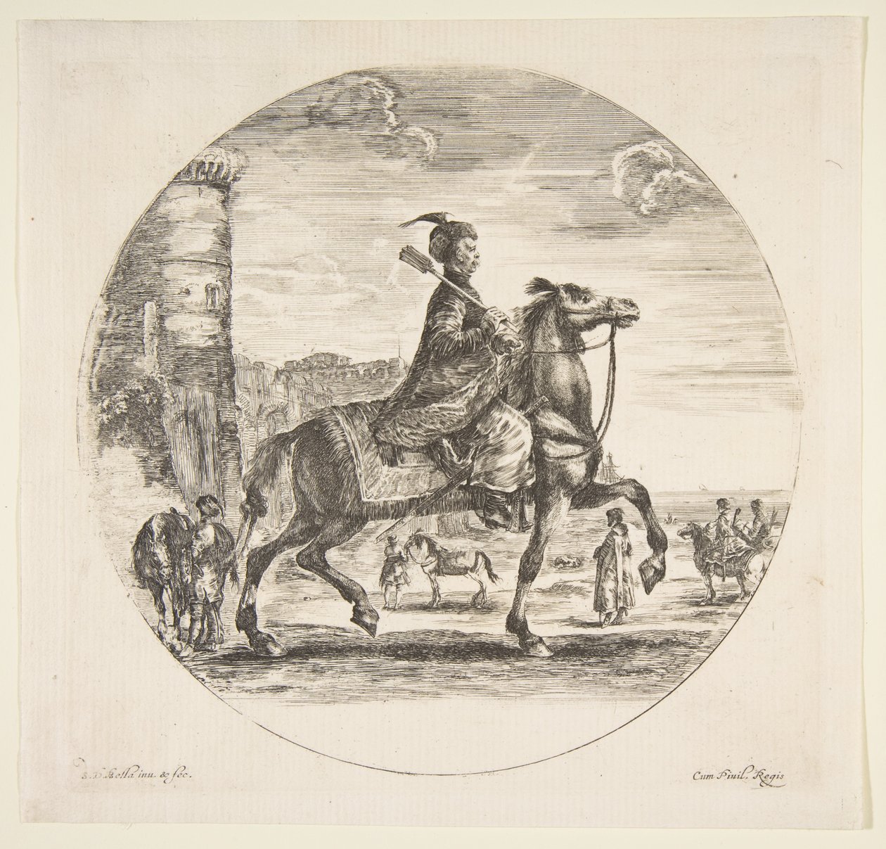 Polsk rytter i profil mod højre, et tårn og andre figurer på heste i baggrunden, ca. 1651. af Stefano della Bella